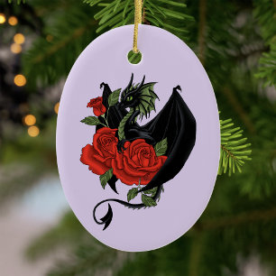Mystischer schwarzer Drache rote Rosen Lavendel Go Keramik Ornament