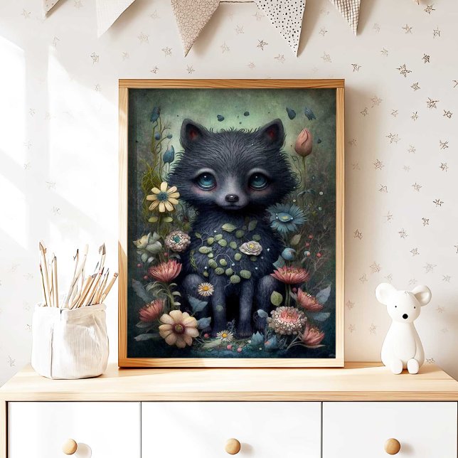 Mystischer Schwarzer Fuchs Kinderzimmer Wandbild | Poster (Mystical Black Fox Nursery Wall Art Print by TinkPrints.)
