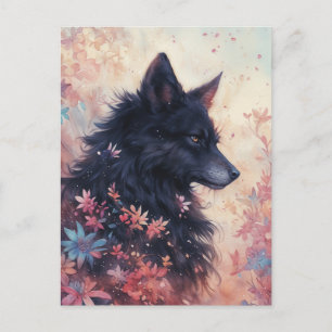 Mystischer schwarzer Wolf auf einer rosa Blumenwie Postkarte