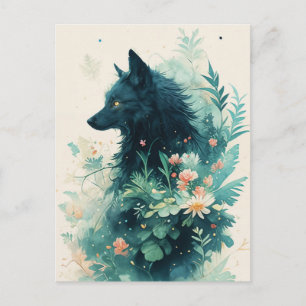 Mystischer Schwarzer Wolf im Türkisen Botanischen  Postkarte