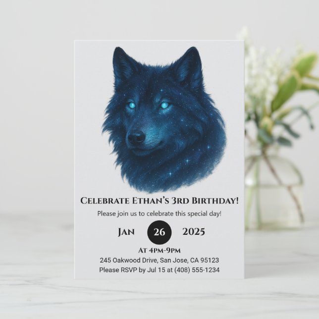 Mystischer Sternwolf-Geburtstag Einladung (Stehend Vorderseite)