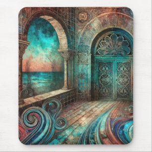 Mystischer Torbogen mit aufwendigen Türen und Meer Mousepad