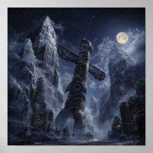 Mystischer Totem unter mondbeschienenem Himmel Poster