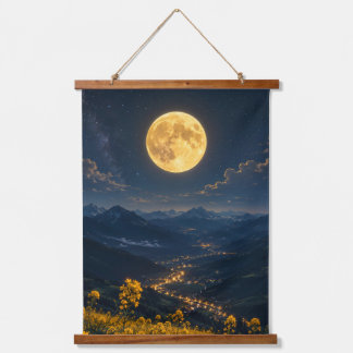 Mystischer Vollmond-Bergtal-Holzabschluss Wandteppich Mit Holzrahmen