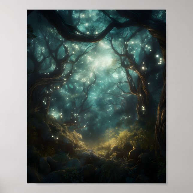 Mystischer Wald, gefüllt mit mächtigen Bäumen Poster (Vorne)