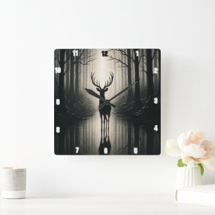 Mystischer Wald mit Silhouette Quadratische Wanduhr