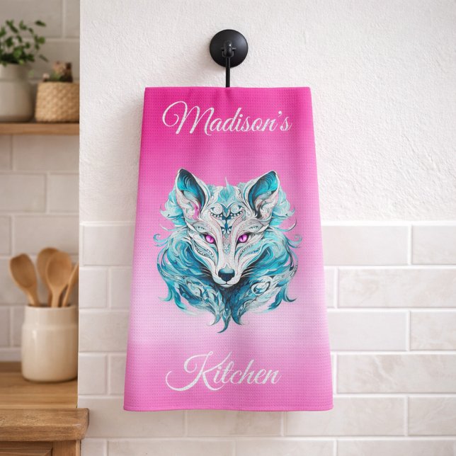 Mystischer Waldwolf Türkis Rosa  Geschirrtuch (Von Creator hochgeladen)