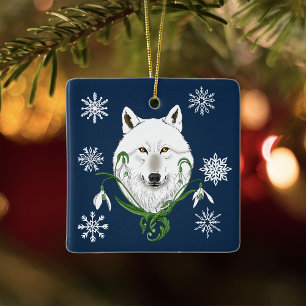 Mystischer Weißer Arktischer Wolf Winter Schneeglö Keramikornament