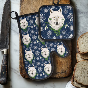 Mystischer Weißer Arktischer Wolf Winter Schneeglö Ofenhandschuh & Topflappen-Set