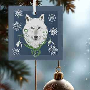Mystischer Weißer Arktischer Wolf Winter Schneeglö Ornament Aus Glas