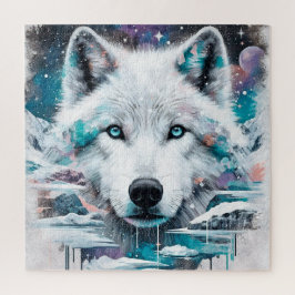 Mystischer Weißer Wolf in gefrorener Galaxie