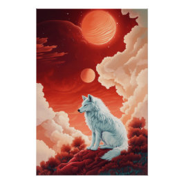 Mystischer weißer Wolf unter rotem Himmel Poster