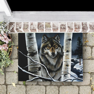 Mystischer Winter Alpha Wolf Birkenwald Wildnis Fußmatte