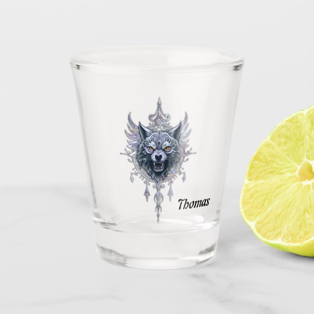 Mystischer Wolf Kopf. Schnapsglas (Vorderseite)