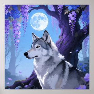 Mystischer Wolf und Wisteria-Mond Fantasy-Kunstpri Poster