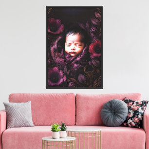Mystisches Baby und lila Blumen Wandkunst Leinwanddruck