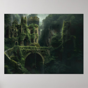 Mystisches Bild eines mit Moos bedeckten Schlosses Poster