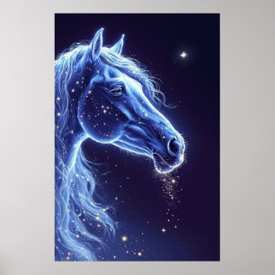 Mystisches blaues Einhorn im sternenklaren Nachthi Poster