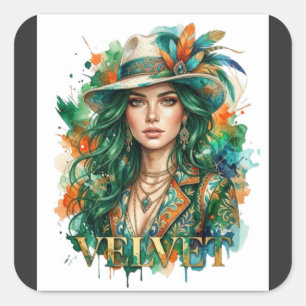 Mystisches Boho-Frauenporträt Fantasy Art T-Shirt Quadratischer Aufkleber