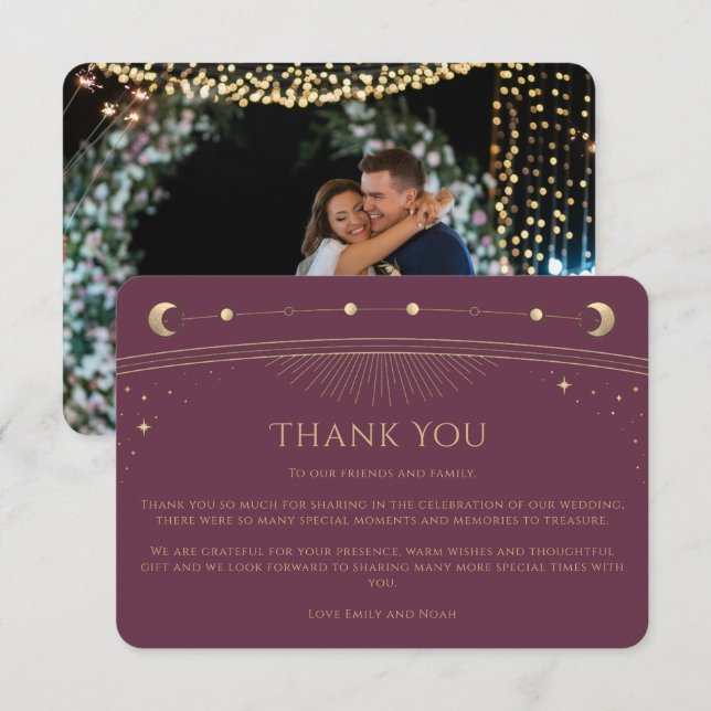 Mystisches Chic Pum Gold Star Moon Foto Hochzeit Dankeskarte (Vorne/Hinten)