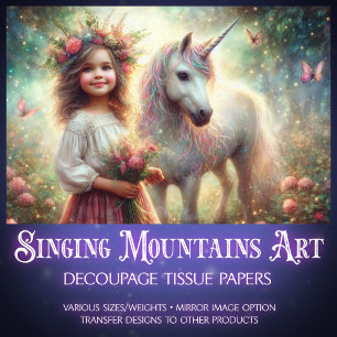 Mystisches Einhorn & Mädchen Wald Szene Decoupage Seidenpapier