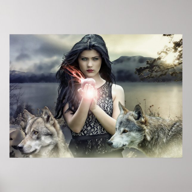 Mystisches Gotisches Mädchen mit Wölfen und magisc Poster (Vorne)