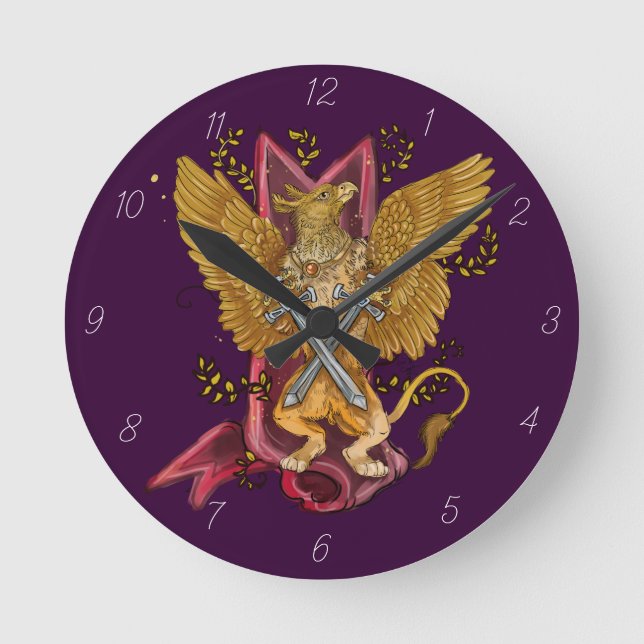 Mystisches Gryphon mit Schwertern Runde Wanduhr (Vorderseite)