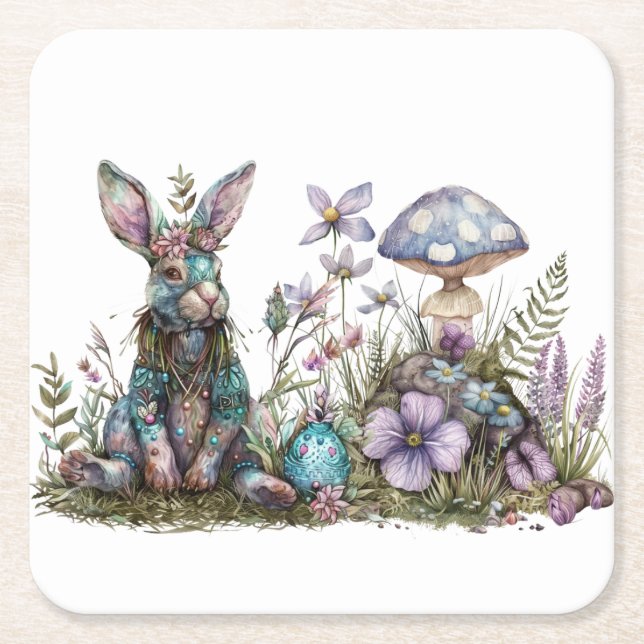 Mystisches Kaninchen mit Pilzen Rechteckiger Pappuntersetzer (Vorderseite)