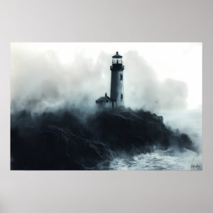 Mystisches Leuchtturm mitten im Ozean - Kohle Poster