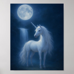 Mystisches Mondlicht-Einhorn & Wasserfall-Fantasie Poster