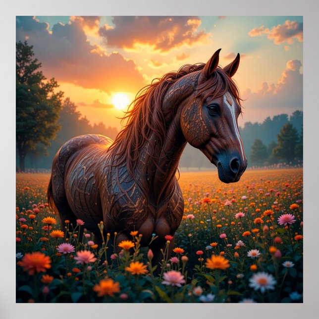 Mystisches Pferd im Feld der Blume Poster (Vorne)
