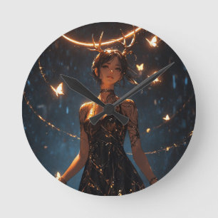 Mystisches Reh-Mädchen-Tasse - Fantasy-Anime-Frau Runde Wanduhr