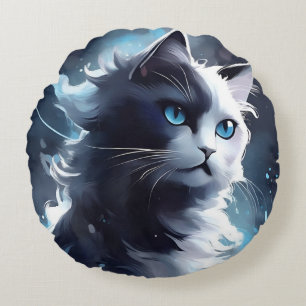 Mystisches Schwarz und Weiße Kitten Wasserfarbka Rundes Kissen