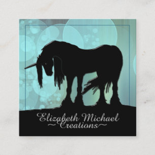 Mystisches Schwarzes Einhorn (aquamarine Blasen) Quadratische Visitenkarte
