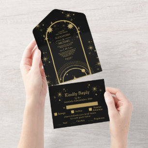 Mystisches Schwarzes Gold Himmlische Sterne Hochze All In One Einladung