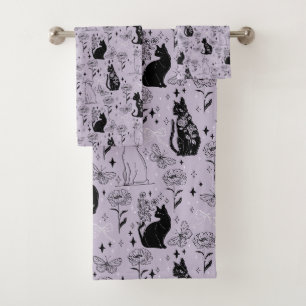Mystisches Schwarzes Katzen- und Schmetterlingsmus Badhandtuch Set