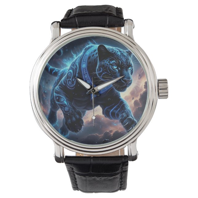 Mystisches Schwarzes Panther mit leuchtenden Muste Armbanduhr (Vorderseite)