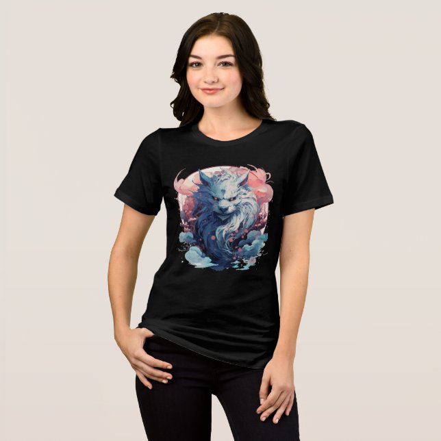 Mythic Moon Fox Spirit with Sakura Tri-Blend Shirt (Vorderseite voll)