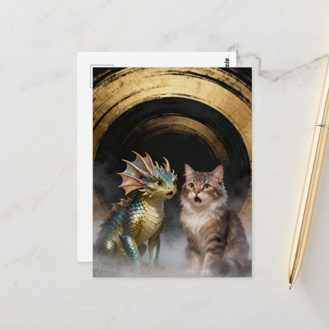 Mythical Cat-Dragon Creatures Surprised Postkarte (Vorderseite/Rückseite Beispiel)