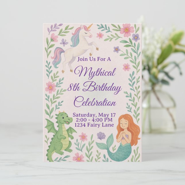 Mythical Unicorn Birthday invitation Einladung (Stehend Vorderseite)