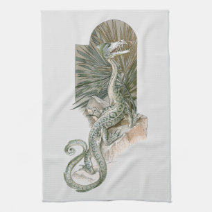 Mythischer Eidechsen-Drache auf Felsen, Vintage-My Geschirrtuch