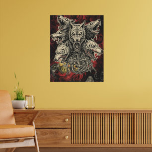 Mythischer Mehrkopf-Wolf in dunklen Schwirlen Poster