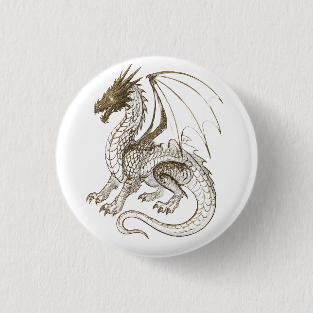 Mythischer Silver Dragon Vintag Fantasy Graphic Button (Vorderseite)