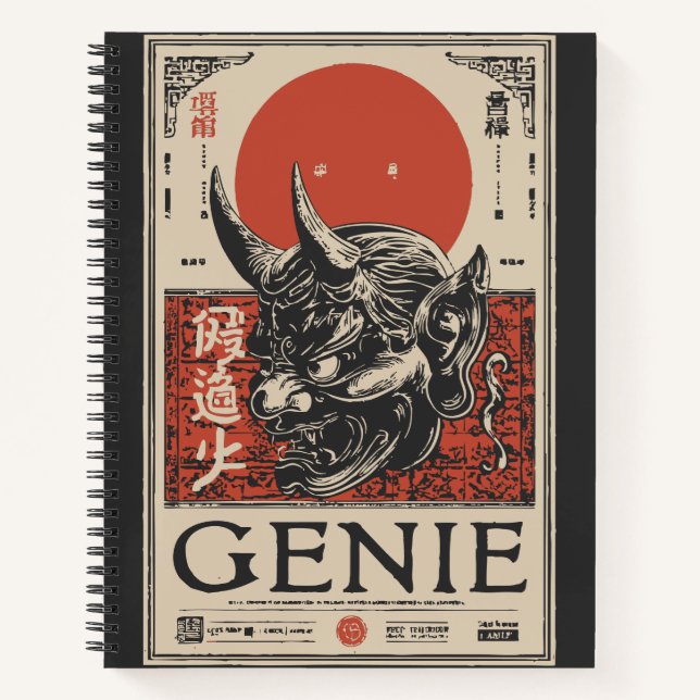 Mythisches Genie mit Hörnern und Crimson Sun Notizbuch (Vorderseite)