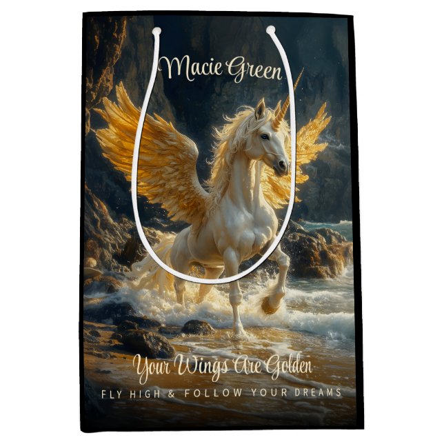 Mythisches Goldenes Flügelpegasus Ozeanfantasiepfe Mittlere Geschenktüte (Vorderseite)
