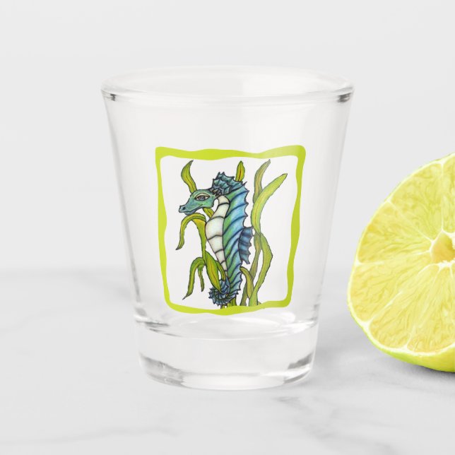 Mythisches Seepferd Aqua Blue in Seegrenzen Schnapsglas (Vorderseite)