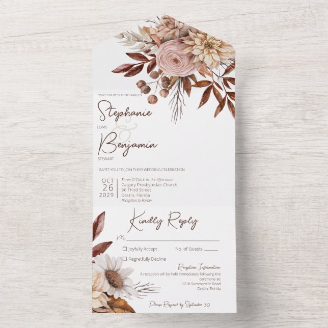 N. Barre - Rustikale Boho-Blush-Neutrale, blau All In One Einladung (Innen Boden)
