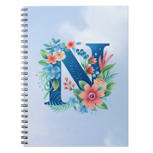 N blaues Monogramm mit Blume Notizblock