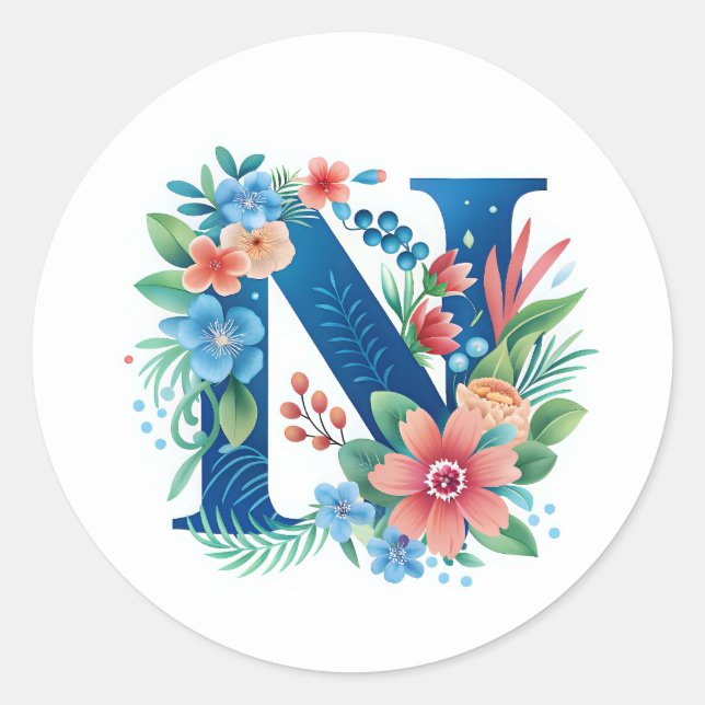 N blaues Monogramm mit Blume Runder Aufkleber (Vorderseite)