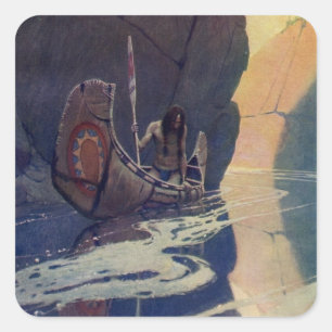 N. C. Wyeth Indianisches Kanu Paddel Illustration Quadratischer Aufkleber